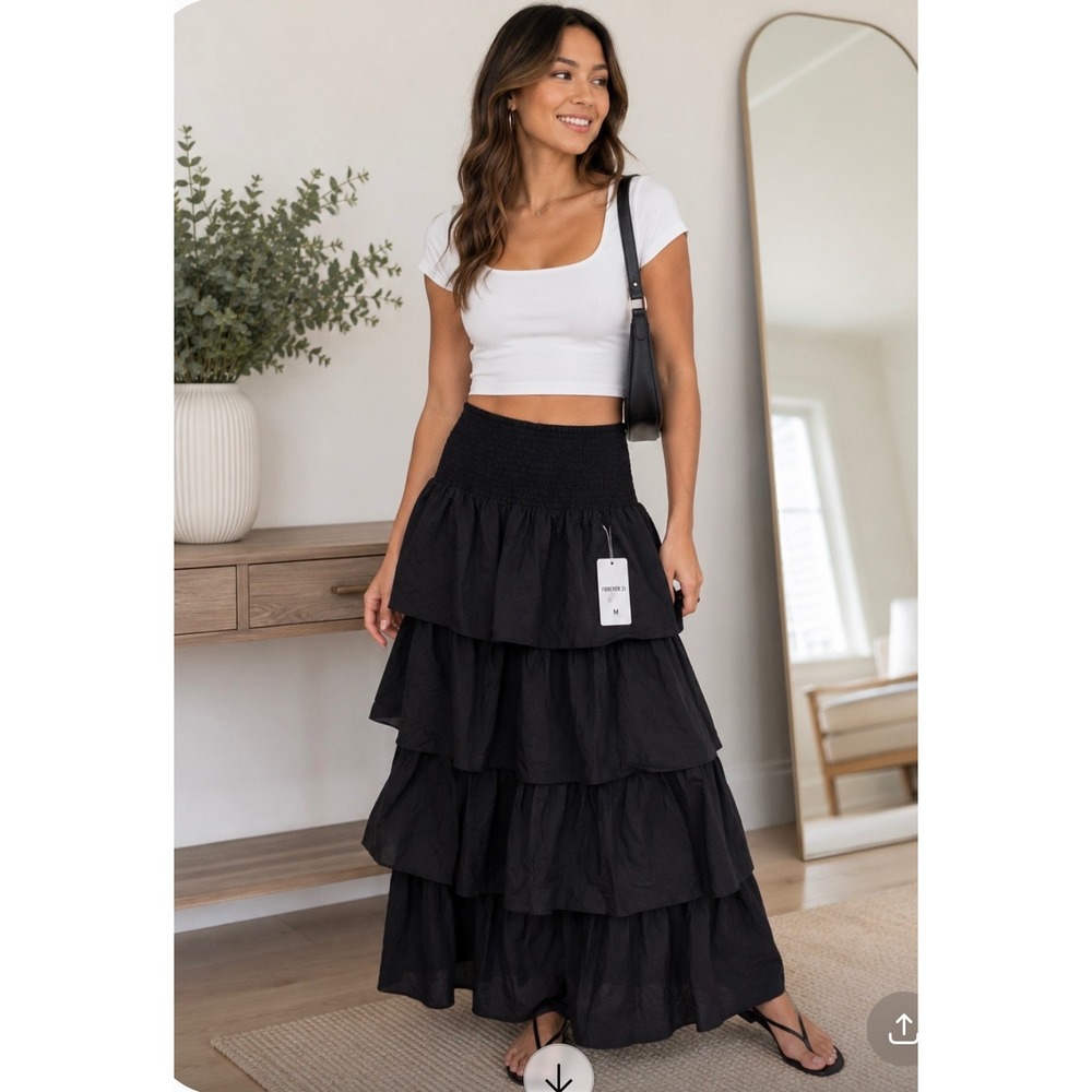 NWT Forever 21 Womens Black Tiered Ruffle Smocked Waist Midi Skirt Size M